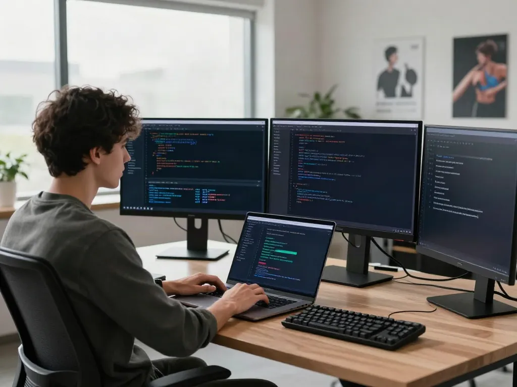 Setting up v2rayN on a high-tech workspace with multiple displays and coding tools.