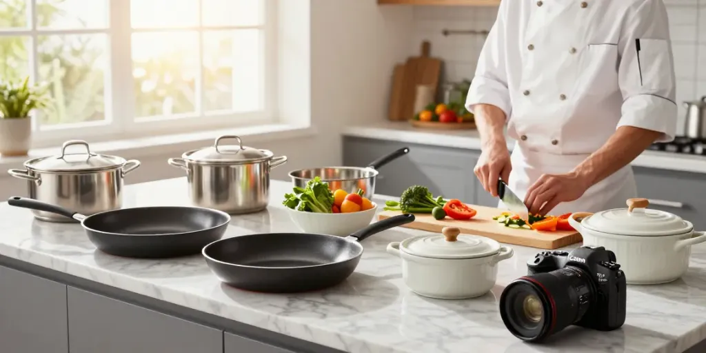 Explore CookWare Price in Bangladesh with vibrant cookware options on a sunny kitchen countertop.