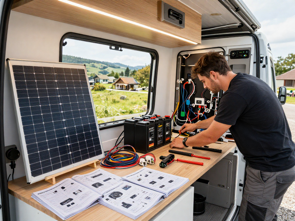 Expert builder at ROKOK88 upgrading campervan electrics with solar panels and dual battery system in modern workshop.