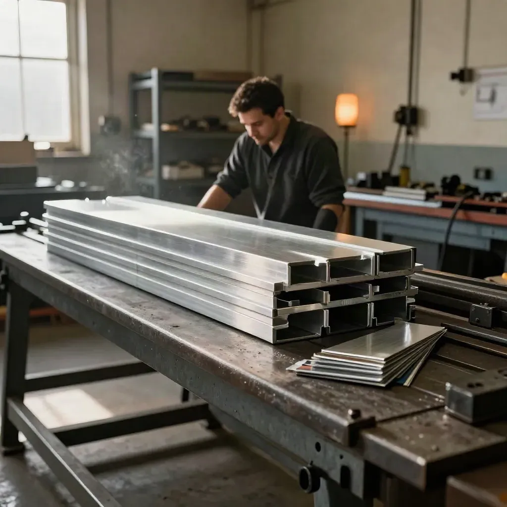 Folded aluminum enclosure shells on a press-brake bed in a quiet shop
