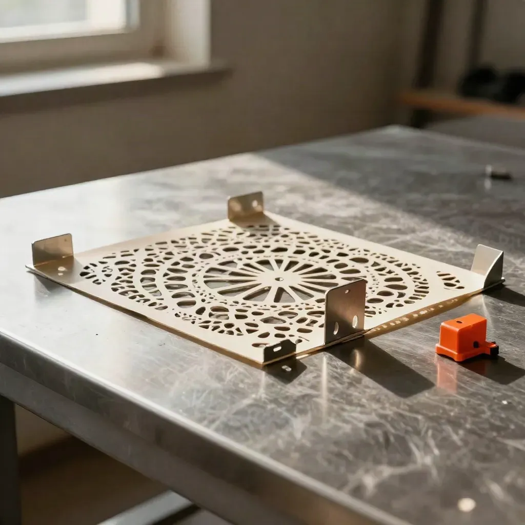 Laser-cut brackets and skeleton sheet cooling on a steel table with warm haze