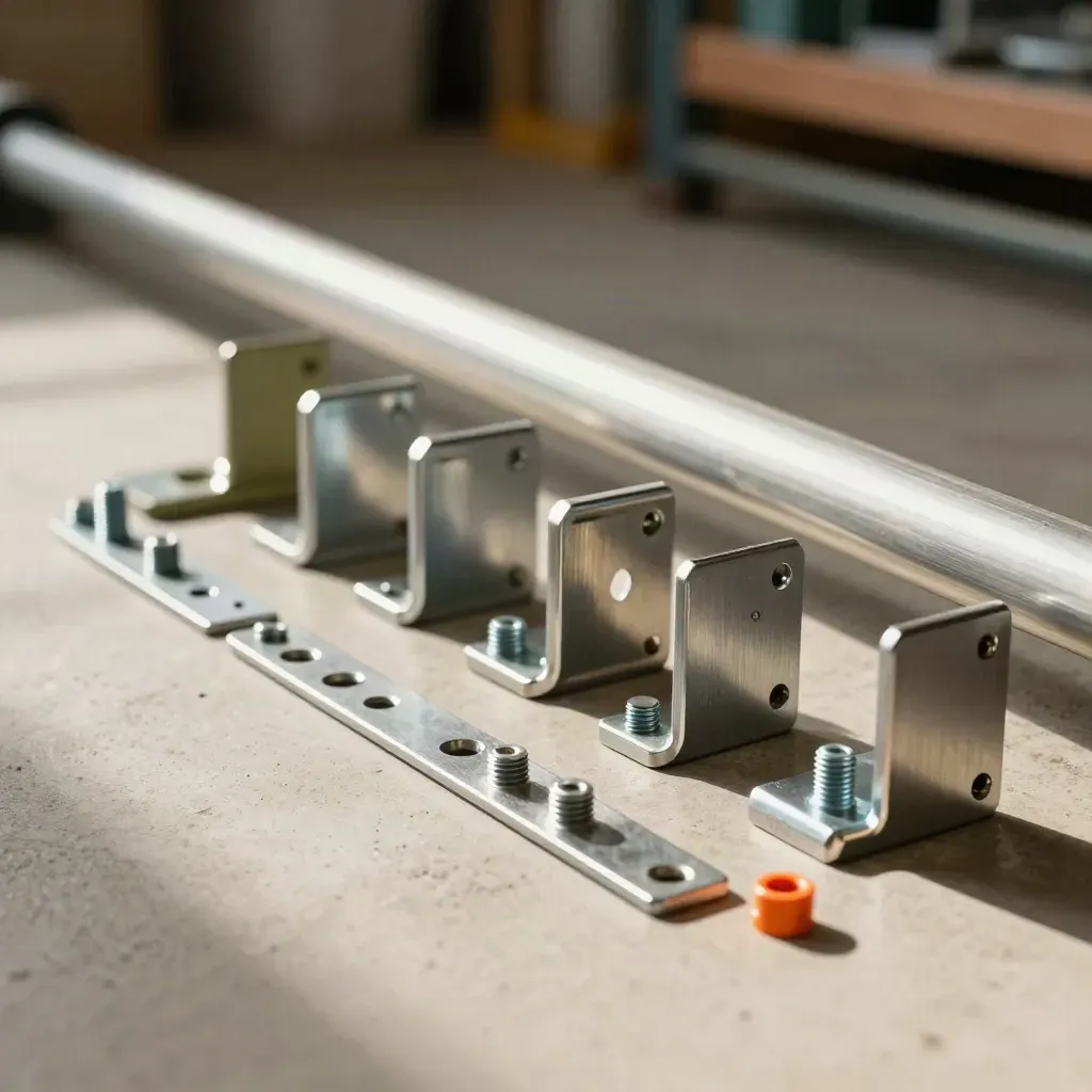 Custom metal brackets, gussets, and standoff plates on a concrete workshop floor, warm light