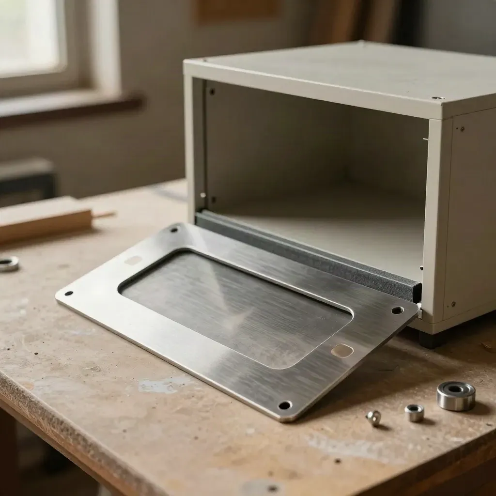 Sheet metal front panels arranged for a final fit against a cabinet opening.