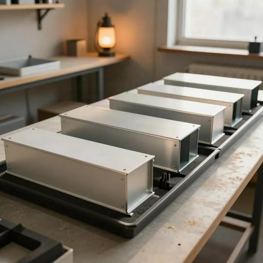 Finished sheet metal panels in anti-static trays beside cabinet shells in a warm workshop