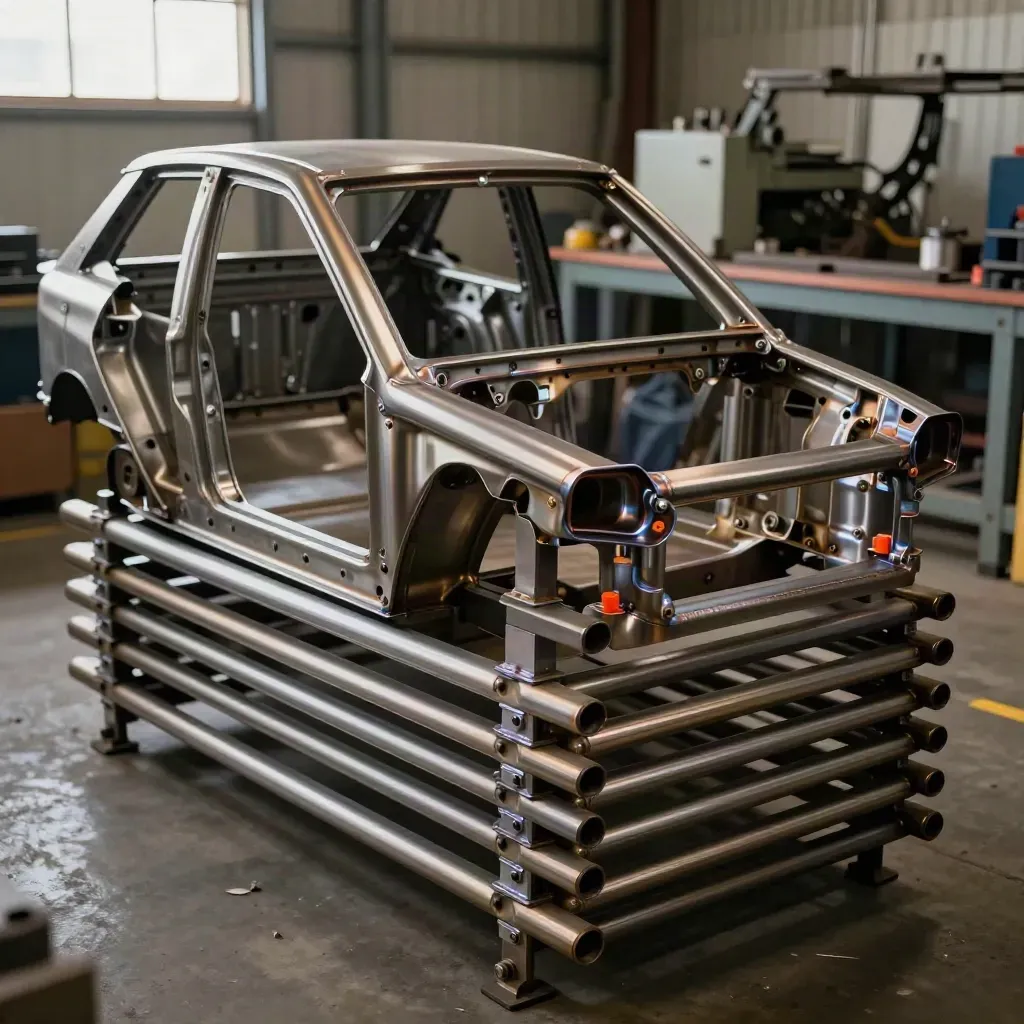 Welded frame parts stacked beside a finished demo chassis in a fabrication bay.