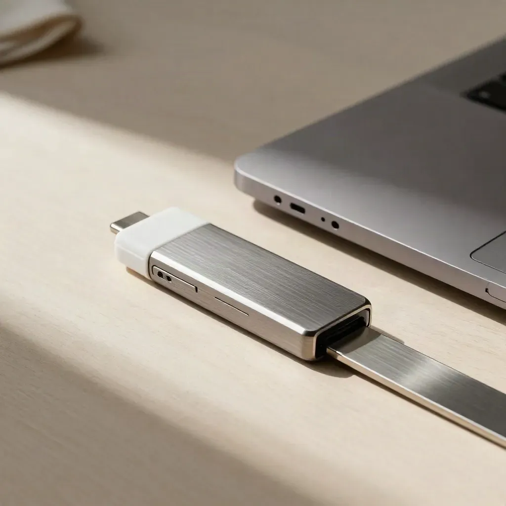 USB drive, closed laptop and sample strip on pale wood in soft side light