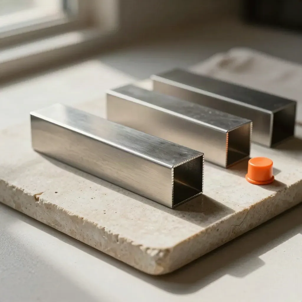 Sheet metal blanks, bent angle stock and a welded corner coupon on a stone tray.