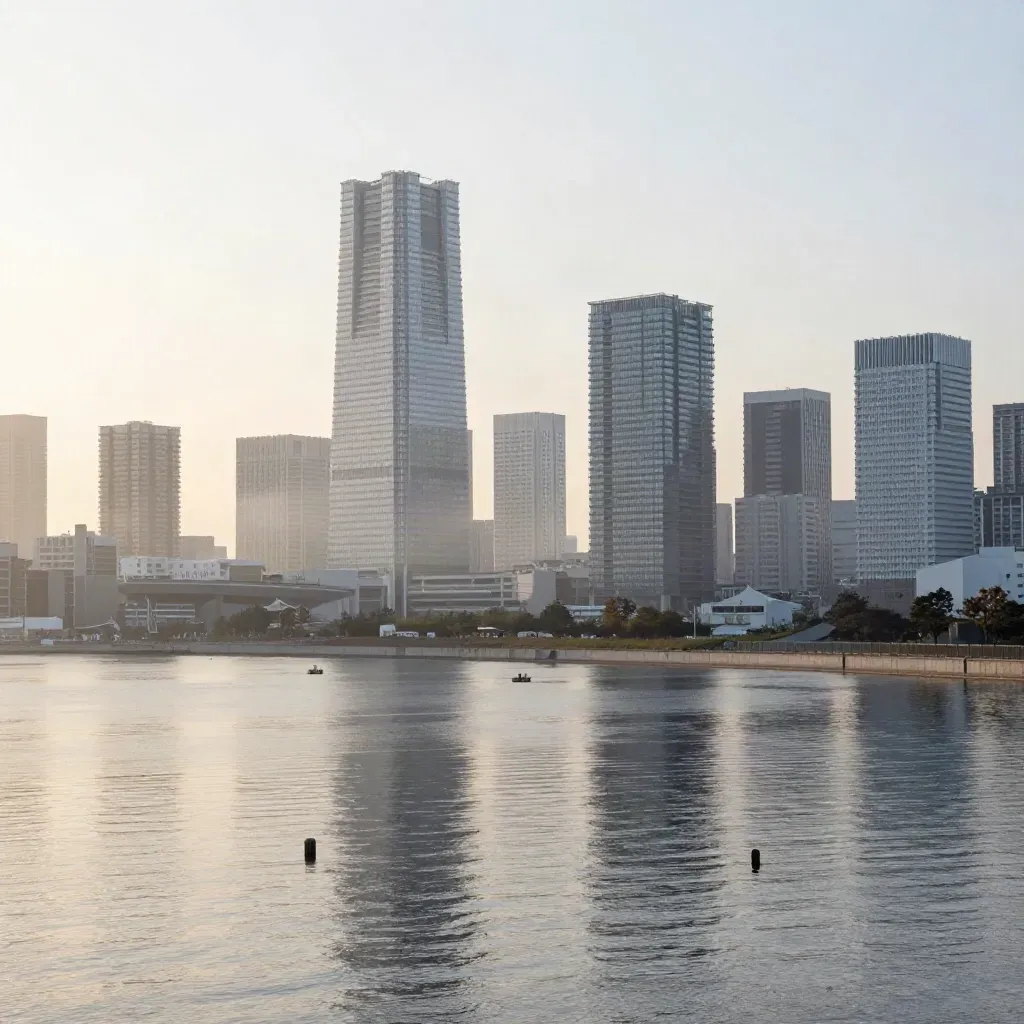 Tokyo Bay skyline and Minato Mirai towers above a calm misty harbor at dawn