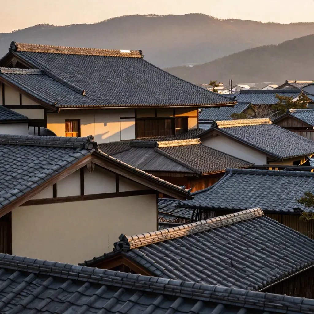 Kyoto hillside rooftops and a temple ridge glowing at golden hour above a hazy Kansai landscape.