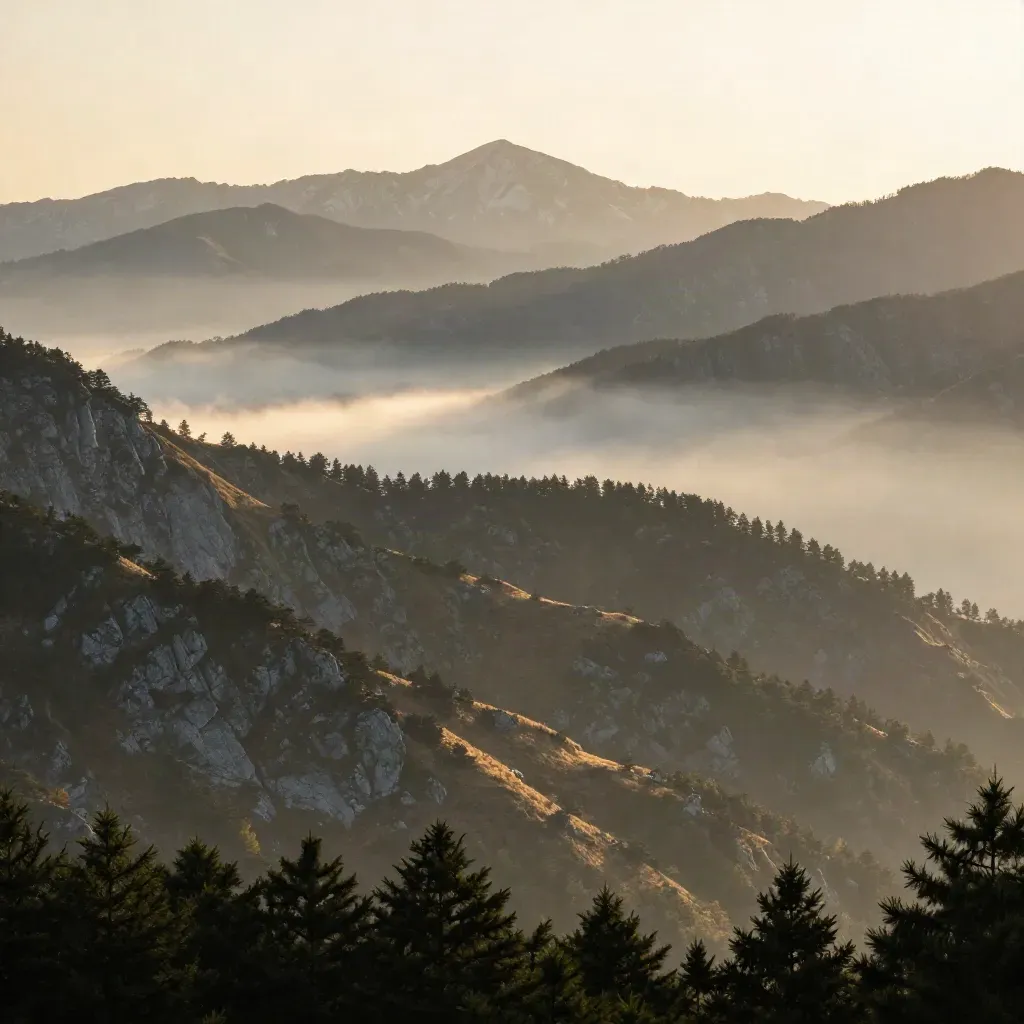 Misty Japan Alps above cedar slopes and a fog-filled Chubu valley at sunrise.