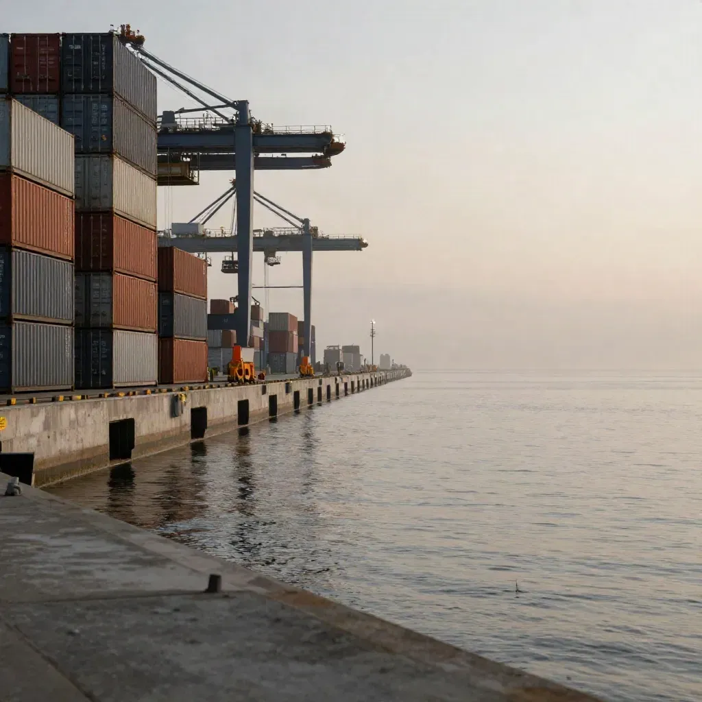 Dawn port with stacked containers, long causeway, sea haze and calm water.